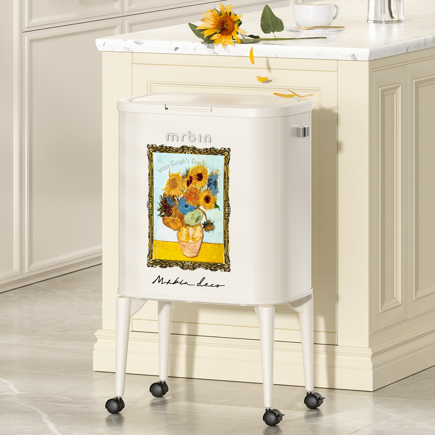 Kitchen Trash Can with Wheel Legs, 36L / 9.5gal, Sunflower