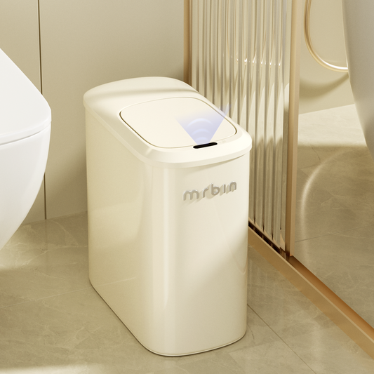 Metal Motion Sensor Bathroom Trash Can with Lid and Wheels, 10L/2.6gal Automatic Removable Slim Electric Narrow Waste Basket for Near Desk Office, Bedroom, Kitchen, Rv, White