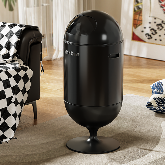 Metal Trash Can with Lid, 5.3 Gallons / 20L Medium Decorative Waste Basket, Round Tall Garbage with High Leg for Bathroom, Office, Bedroom, Kitchen, Black