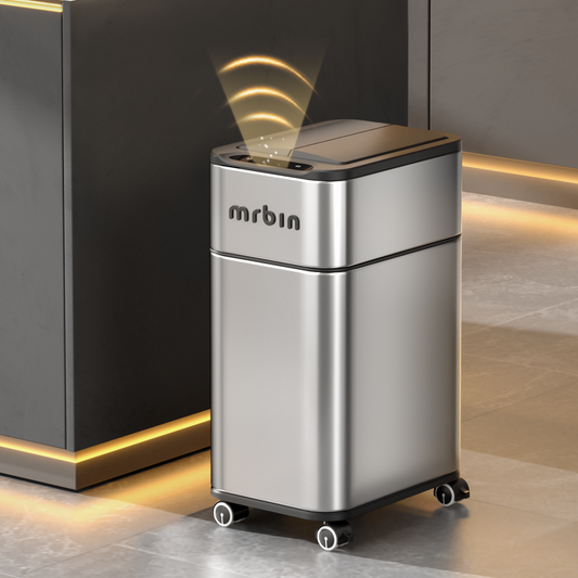 Bathroom Stainless Steel Adsorption Motion Sensor Trash Can with Butterfly Lid and Wheels, 4 Gallon Kitchen Automatic Waste Garbage Basket for Office, Near Desk, Bedroom, Rv, Eclipse Grey