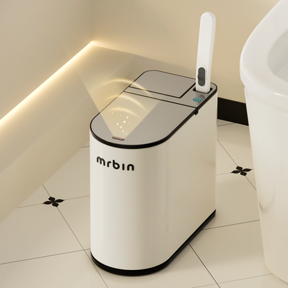 Motion Sensor Bathroom Trash Can and Disposable Toilet Brush Holder Set, 1.8 Gallon Slim Touchless Small Garbage Pail, Toilet Smart Waste Basket with Lid and Odor Filter, Cream White