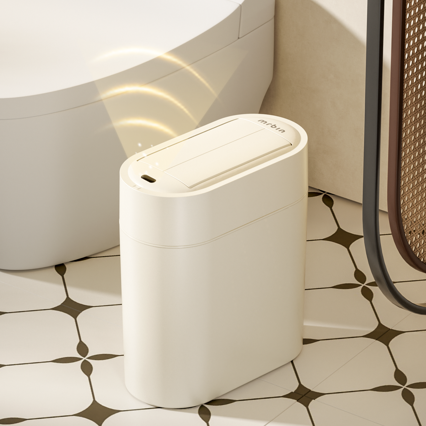 Motion Sensor Bathroom Trash Can with Butterfly Lid, 7L / 1.8gal Touchless Automatic Slim Garbage Bin, Narrow Plastic Waste Basket for Near Desk Office, Bedroom, Kitchen, Rv, Cream White
