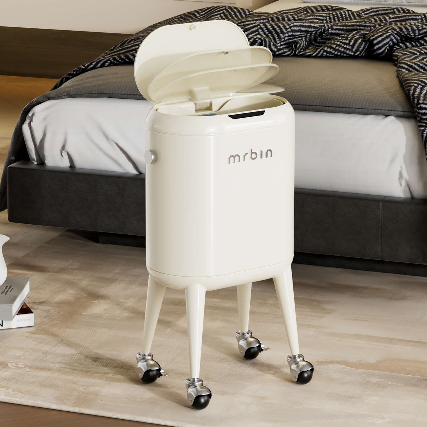 Metal Slim Bathroom Motion Sensor Trash Can with Lid and Wheels, 13L / 3.4gal Electric Touchless Toilet Waste Basket with Legs for Narrow Vanity, Rvs, Dorm, Kitchen, Cream White