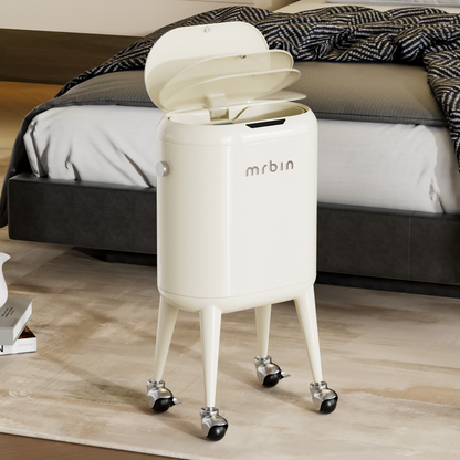 Metal Slim Bathroom Motion Sensor Trash Can with Lid and Wheels, 13L / 3.4gal Electric Touchless Toilet Waste Basket with Legs for Narrow Vanity, Rvs, Dorm, Kitchen, Cream White