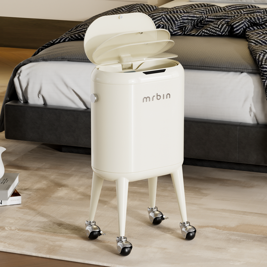 Metal Slim Bathroom Motion Sensor Trash Can with Lid and Wheels, 13L / 3.4gal Electric Touchless Toilet Waste Basket with Legs for Narrow Vanity, Rvs, Dorm, Kitchen, Cream White