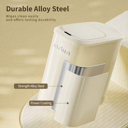 Metal Motion Sensor Bathroom Trash Can with Lid and Wheels, 10L/2.6gal Automatic Removable Slim Electric Narrow Waste Basket for Near Desk Office, Bedroom, Kitchen, Rv, White