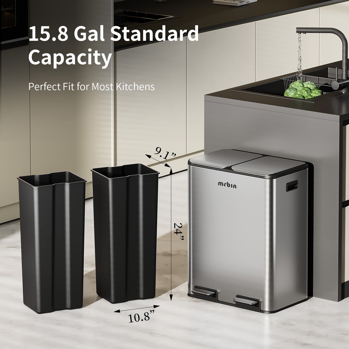 Dual Trash Can Recycling Bin Combo Stainless Steel, 60L / 16gal Large Kitchen Garbage Pail with Lid, 2 x 8 Gallon (2 x 30 Liter) Tall Large Step Rectangle Double Compartment Sided Waste Basket