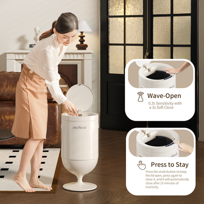 Metal Bathroom Motion Sensor Trash Can with Lid, 5.3 Gallon Wine Glass Shaped Automatic Waste Basket Touchless, Smart Round Tall Garbage with High Leg for Office, Bedroom, Kitchen, Cream White