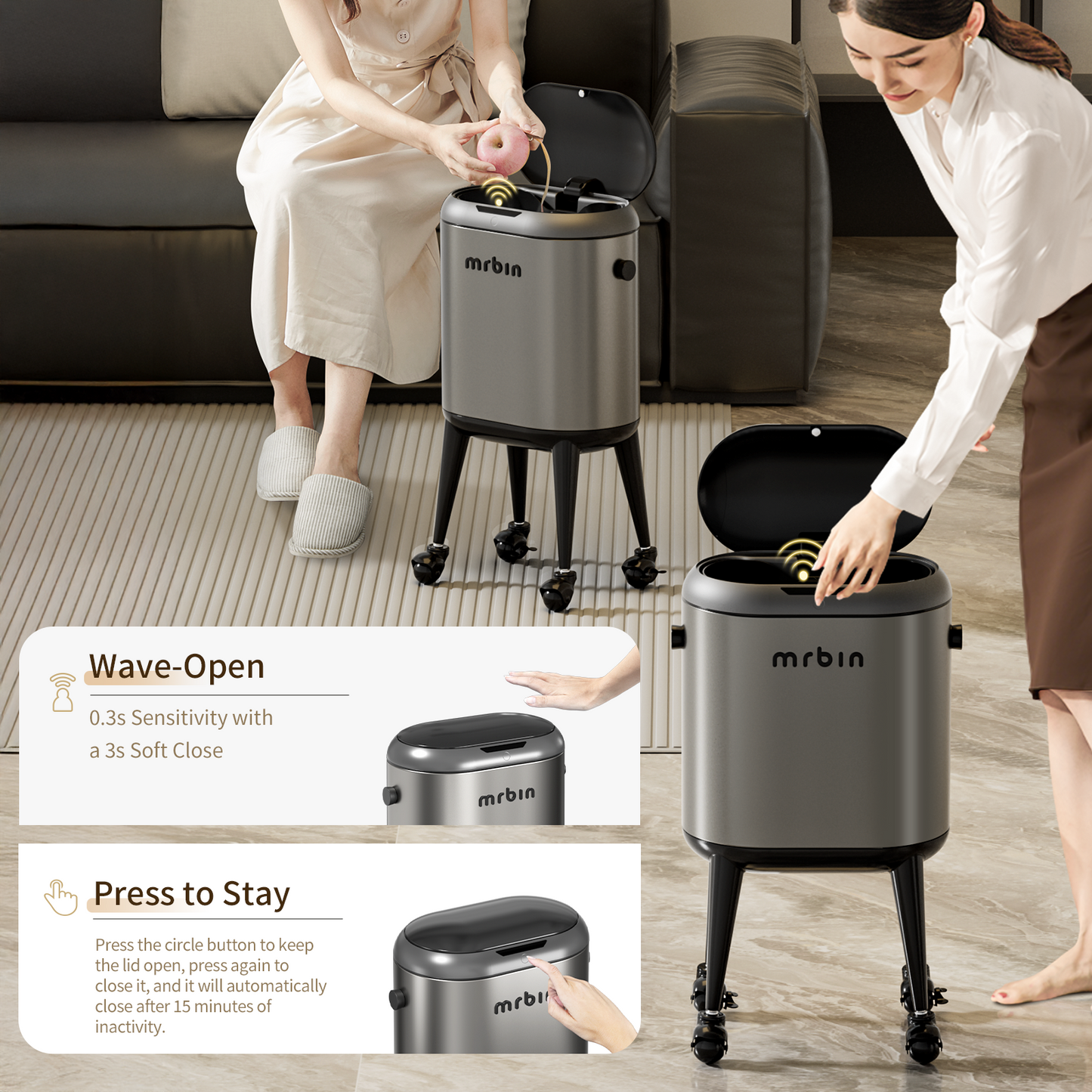 Stainless Steel Slim Bathroom Motion Sensor Trash Can with Lid and Wheels, 13L / 3.4gal Electric Touchless Toilet Waste Basket with Legs for Narrow Vanity, Rvs, Dorm, Kitchen, Eclipse Grey