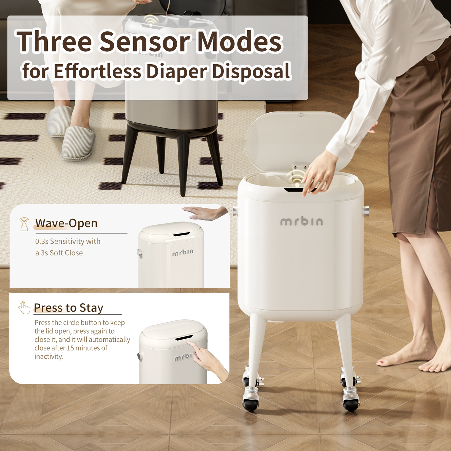 Metal Slim Bathroom Motion Sensor Trash Can with Lid and Wheels, 13L / 3.4gal Electric Touchless Toilet Waste Basket with Legs for Narrow Vanity, Rvs, Dorm, Kitchen, Cream White