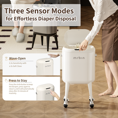 Metal Slim Bathroom Motion Sensor Trash Can with Lid and Wheels, 13L / 3.4gal Electric Touchless Toilet Waste Basket with Legs for Narrow Vanity, Rvs, Dorm, Kitchen, Cream White