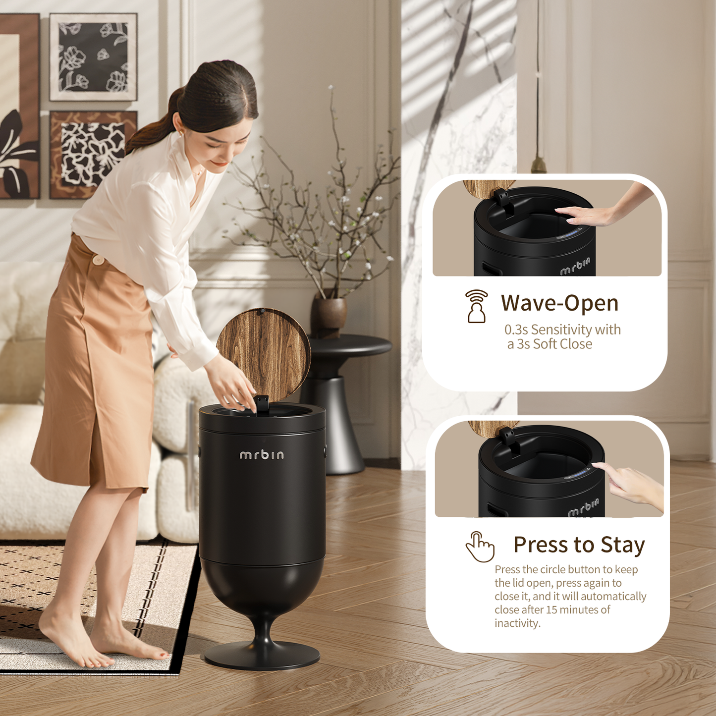 Metal Motion Sensor Trash Can with Lid, 5.3 Gallon Wine Glass Shaped Automatic Waste Basket Touchless, Smart Round Tall Garbage with High Leg for Office, Bedroom, Kitchen, Black
