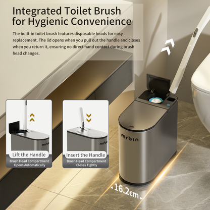 Motion Sensor Bathroom Trash Can and Disposable Toilet Brush Holder Set, 1.8 Gallon Slim Stainless Steel Small Garbage Pail, Toilet Smart Waste Basket with Lid and Odor Filter, Eclipse Grey