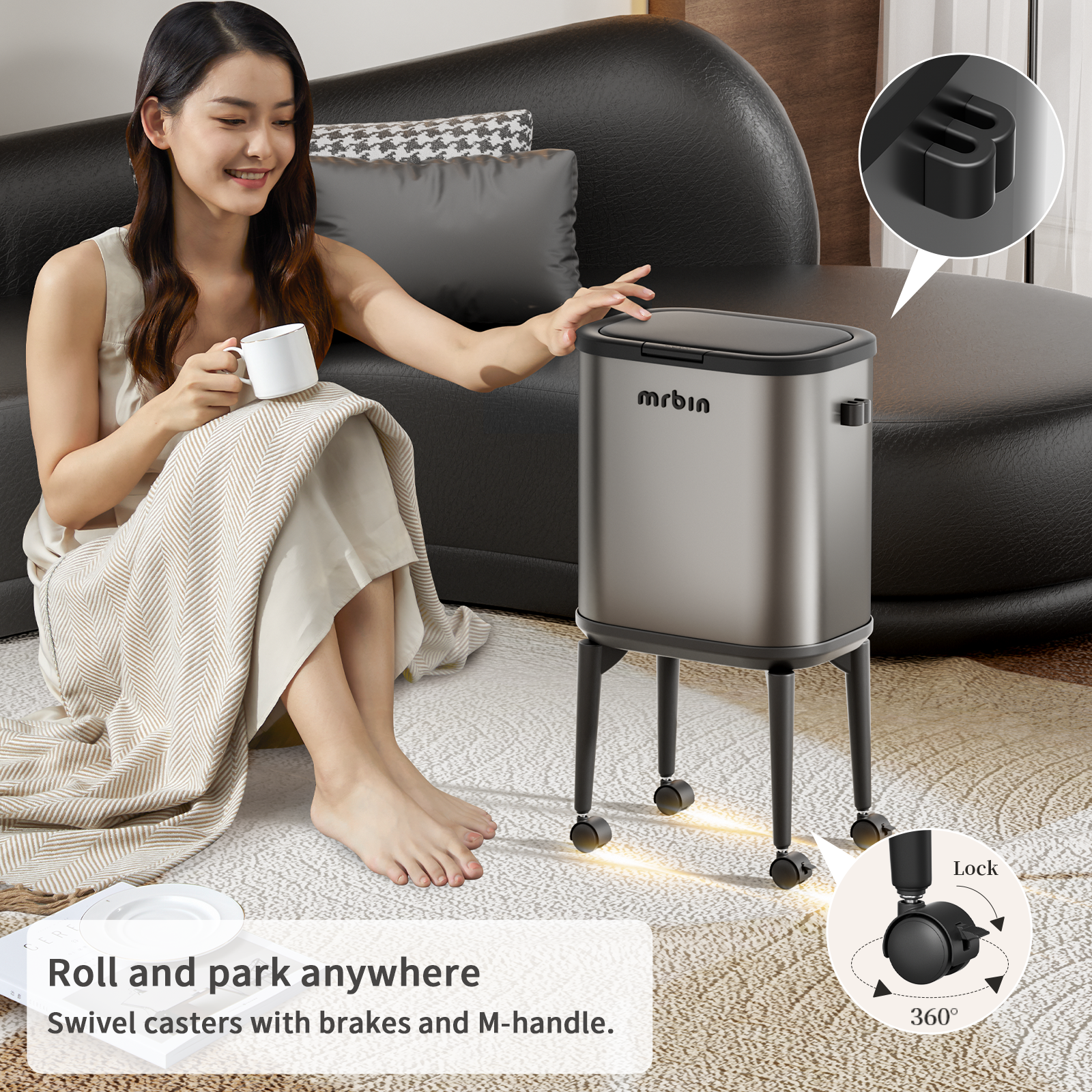 Stainless Steel Slim Bathroom Trash Can with Legs and Wheels, 15L / 4gal Toilet Press Lid Waste Basket, Covered Office Garbage Pail for Near Desk, Narrow Vanity, Rvs, Kitchen, Eclipse Grey