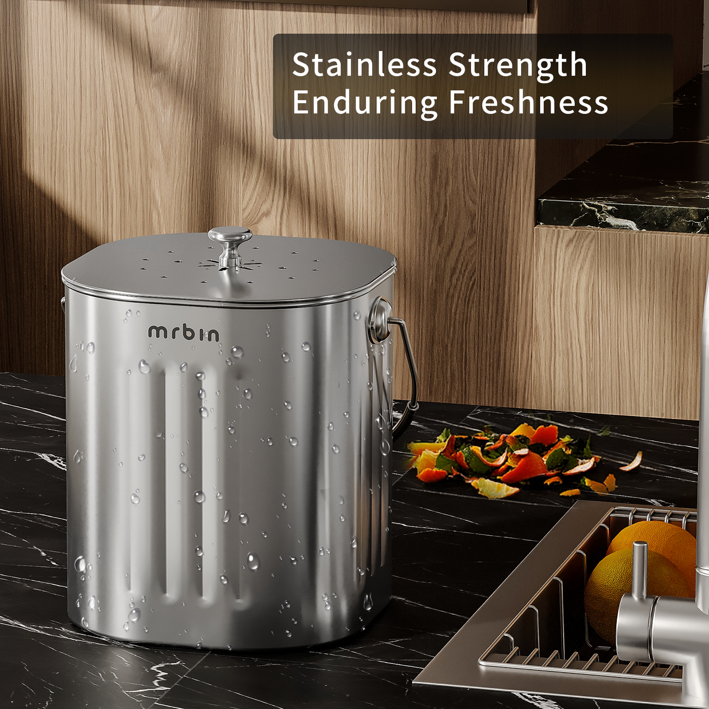 Stainless Steel Kitchen Compost Bin Countertop Trash Can with Lid and Charcoal Filter, Metal Small Indoor Rubbish Dustbin for Food Waste Recycle
