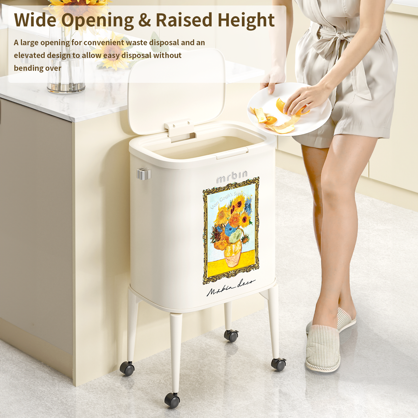 Kitchen Trash Can with Wheel Legs, 36L / 9.5gal, Sunflower