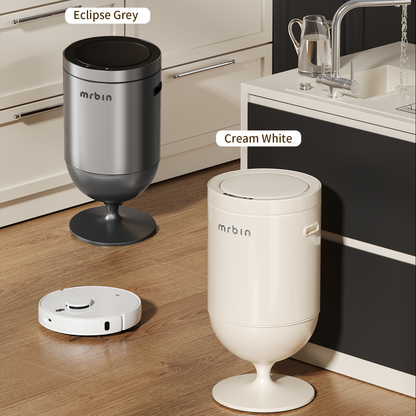 Metal Bathroom Motion Sensor Trash Can with Lid, 5.3 Gallon Wine Glass Shaped Automatic Waste Basket Touchless, Smart Round Tall Garbage with High Leg for Office, Bedroom, Kitchen, Cream White
