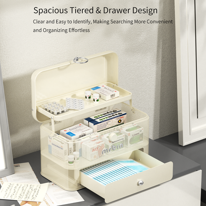 Metal 3-Tier Medicine Container Folding Waterproof Safe Boxes and Supply Storage Organizer Empty First Aid Kit for Home Portable Emergency Kit, Cream White
