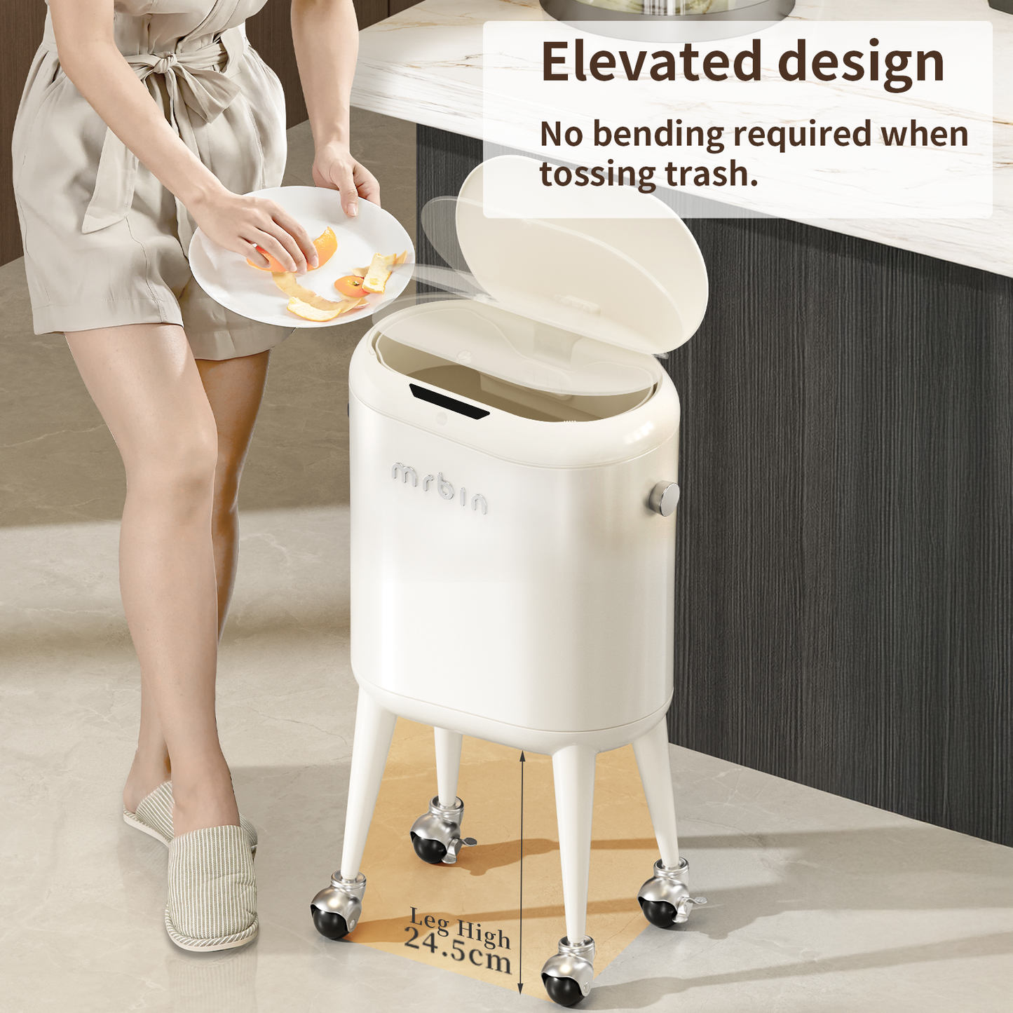 Metal Slim Bathroom Motion Sensor Trash Can with Lid and Wheels, 13L / 3.4gal Electric Touchless Toilet Waste Basket with Legs for Narrow Vanity, Rvs, Dorm, Kitchen, Cream White