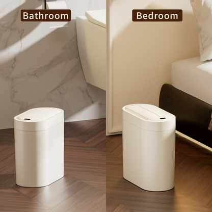 Motion Sensor Bathroom Trash Can with Butterfly Lid, 7L / 1.8gal Touchless Automatic Slim Garbage Bin, Narrow Plastic Waste Basket for Near Desk Office, Bedroom, Kitchen, Rv, Cream White