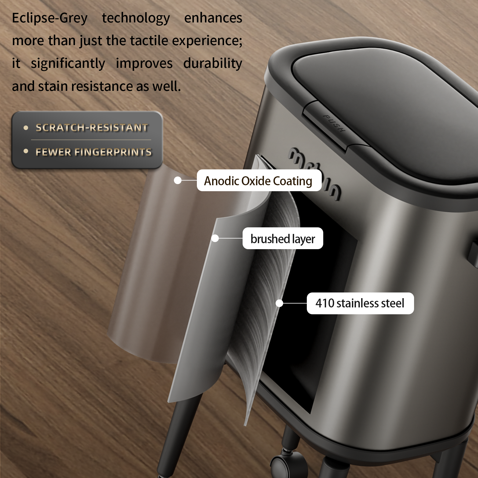 Stainless Steel Slim Bathroom Trash Can with Legs and Wheels, 15L / 4gal Toilet Press Lid Waste Basket, Covered Office Garbage Pail for Near Desk, Narrow Vanity, Rvs, Kitchen, Eclipse Grey