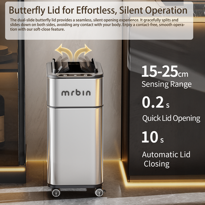 Bathroom Stainless Steel Adsorption Motion Sensor Trash Can with Butterfly Lid and Wheels, 4 Gallon Kitchen Automatic Waste Garbage Basket for Office, Near Desk, Bedroom, Rv, Eclipse Grey