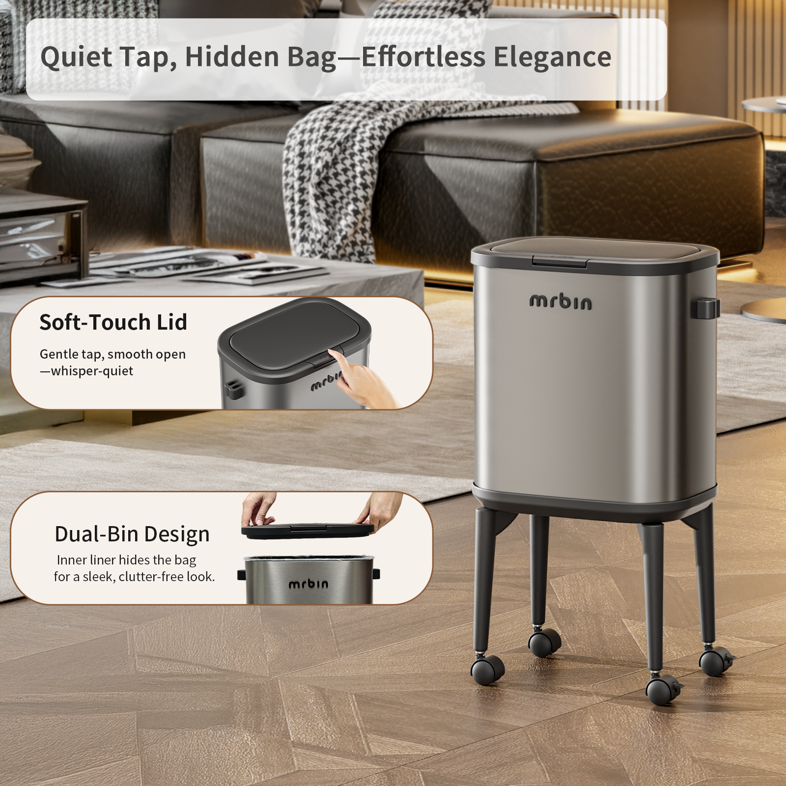 Stainless Steel Slim Bathroom Trash Can with Legs and Wheels, 15L / 4gal Toilet Press Lid Waste Basket, Covered Office Garbage Pail for Near Desk, Narrow Vanity, Rvs, Kitchen, Eclipse Grey