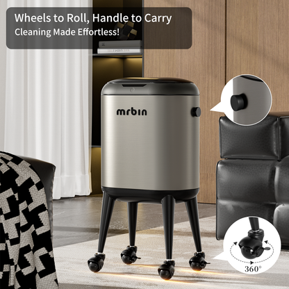 Stainless Steel Slim Bathroom Motion Sensor Trash Can with Lid and Wheels, 13L / 3.4gal Electric Touchless Toilet Waste Basket with Legs for Narrow Vanity, Rvs, Dorm, Kitchen, Eclipse Grey