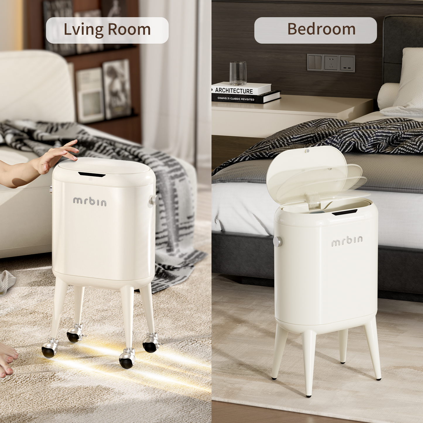 Metal Slim Bathroom Motion Sensor Trash Can with Lid and Wheels, 13L / 3.4gal Electric Touchless Toilet Waste Basket with Legs for Narrow Vanity, Rvs, Dorm, Kitchen, Cream White