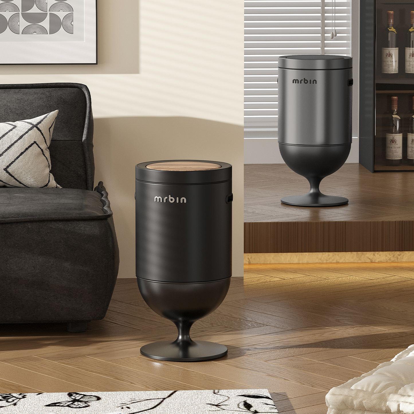 Metal Motion Sensor Trash Can with Lid, 5.3 Gallon Wine Glass Shaped Automatic Waste Basket Touchless, Smart Round Tall Garbage with High Leg for Office, Bedroom, Kitchen, Black