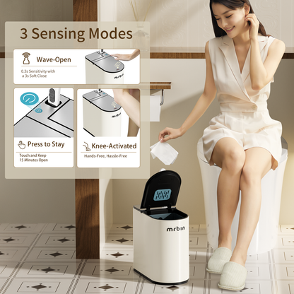 Motion Sensor Bathroom Trash Can and Disposable Toilet Brush Holder Set, 1.8 Gallon Slim Touchless Small Garbage Pail, Toilet Smart Waste Basket with Lid and Odor Filter, Cream White