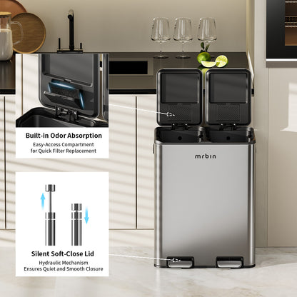 Dual Trash Can Recycling Bin Combo Stainless Steel, 60L / 16gal Large Kitchen Garbage Pail with Lid, 2 x 8 Gallon (2 x 30 Liter) Tall Large Step Rectangle Double Compartment Sided Waste Basket