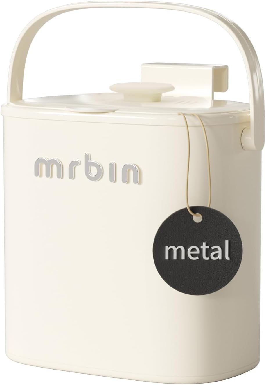 Mrbin Metal Kitchen Compost Bin Countertop and Hanging Kitchen Trash Can with Lid and Charcoal Filter, Small Dustbin For Food Waste Recycle Indoor, White