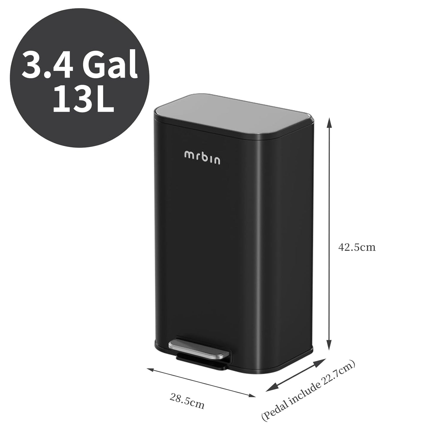 Mrbin Metal Bathroom Trash Can with Stainless Steel Lid and Pedal, 13L / 3.4Gal Step Touchless Rectangle Office Waste Basket, Soft Close Garbage Pail for Near Desk, Bedroom, Small Kitchen, Rv, Black