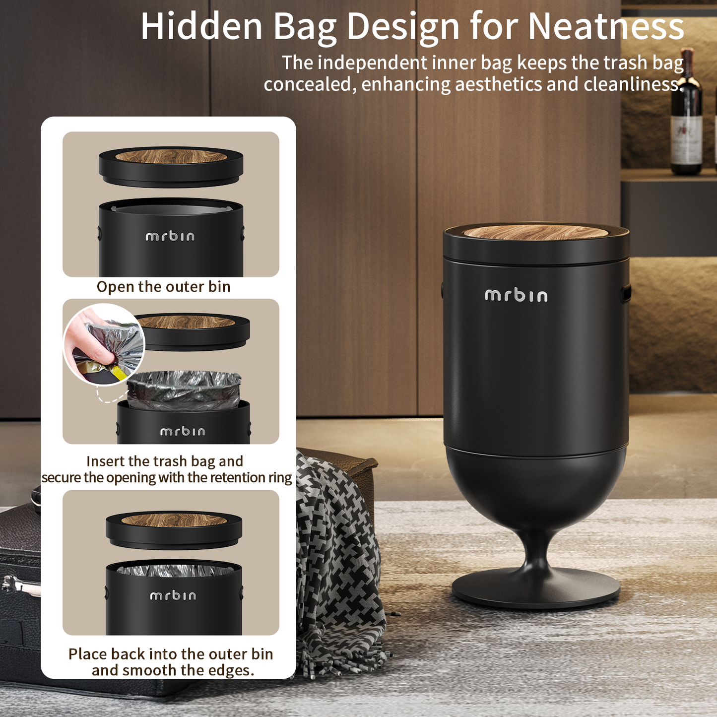 Metal Motion Sensor Trash Can with Lid, 5.3 Gallon Wine Glass Shaped Automatic Waste Basket Touchless, Smart Round Tall Garbage with High Leg for Office, Bedroom, Kitchen, Black