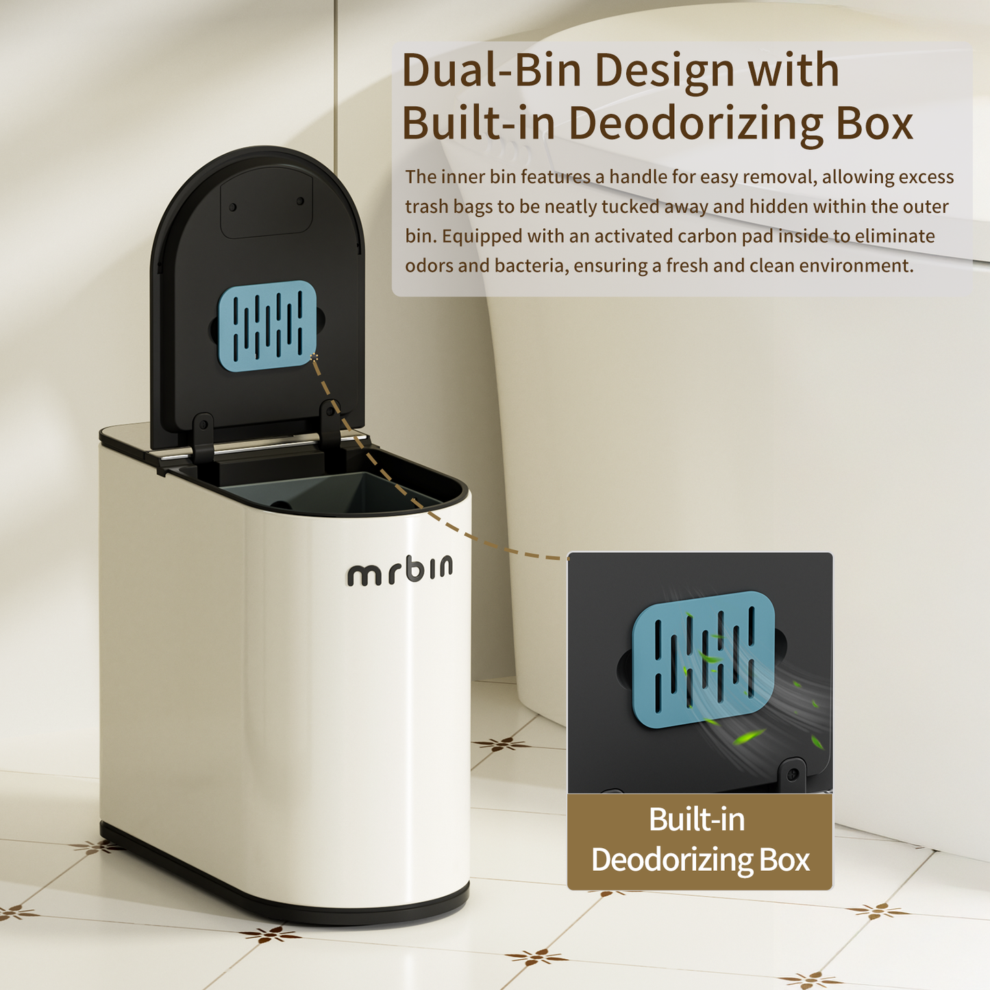 Motion Sensor Bathroom Trash Can and Disposable Toilet Brush Holder Set, 1.8 Gallon Slim Touchless Small Garbage Pail, Toilet Smart Waste Basket with Lid and Odor Filter, Cream White