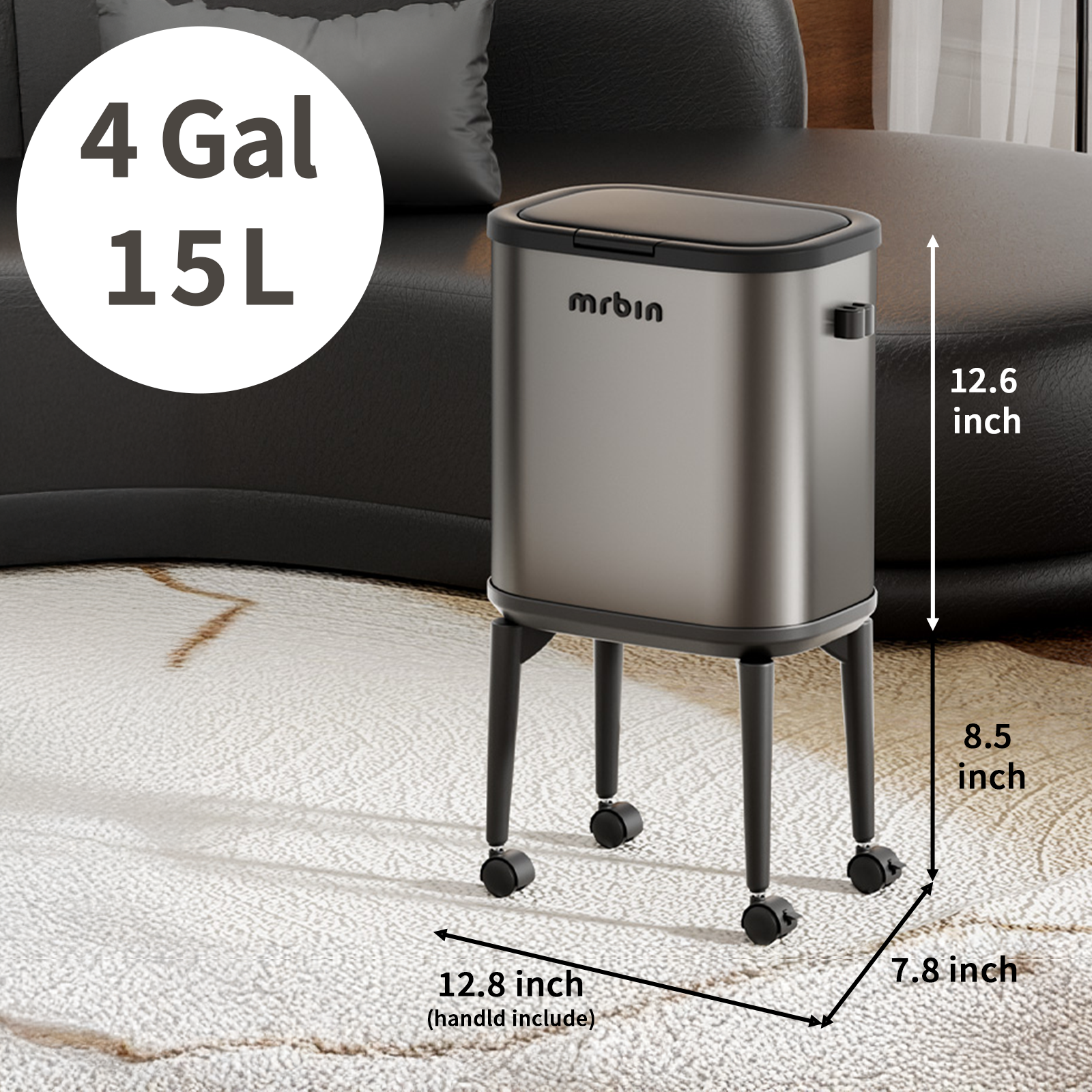 Stainless Steel Slim Bathroom Trash Can with Legs and Wheels, 15L / 4gal Toilet Press Lid Waste Basket, Covered Office Garbage Pail for Near Desk, Narrow Vanity, Rvs, Kitchen, Eclipse Grey