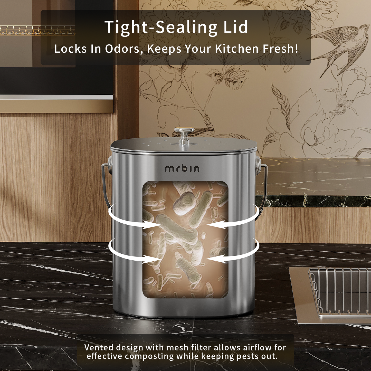 Stainless Steel Kitchen Compost Bin Countertop Trash Can with Lid and Charcoal Filter, Metal Small Indoor Rubbish Dustbin for Food Waste Recycle