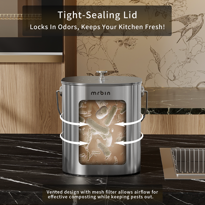 Stainless Steel Kitchen Compost Bin Countertop Trash Can with Lid and Charcoal Filter, Metal Small Indoor Rubbish Dustbin for Food Waste Recycle