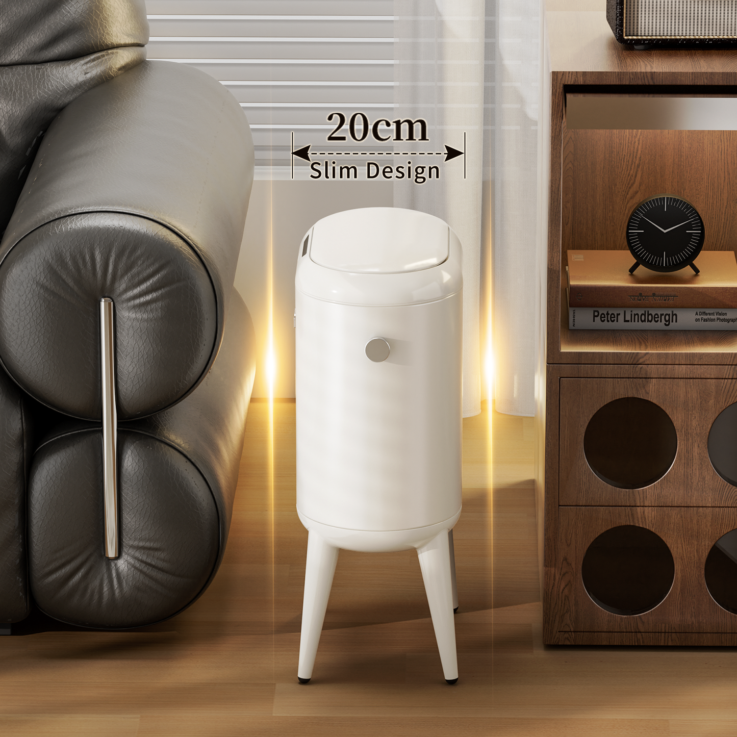Metal Slim Bathroom Motion Sensor Trash Can with Lid and Wheels, 13L / 3.4gal Electric Touchless Toilet Waste Basket with Legs for Narrow Vanity, Rvs, Dorm, Kitchen, Cream White