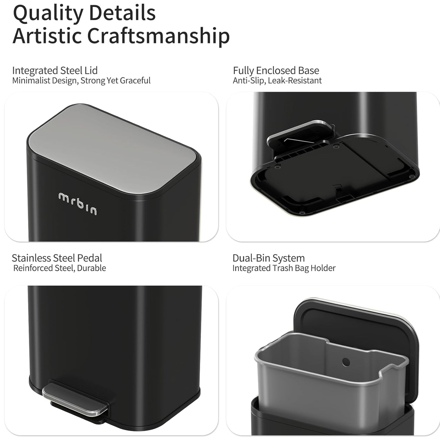 Mrbin Metal Bathroom Trash Can with Stainless Steel Lid and Pedal, 13L / 3.4Gal Step Touchless Rectangle Office Waste Basket, Soft Close Garbage Pail for Near Desk, Bedroom, Small Kitchen, Rv, Black