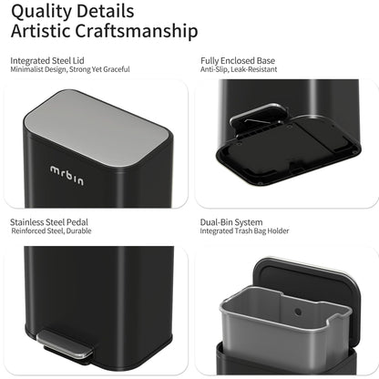 Mrbin Metal Bathroom Trash Can with Stainless Steel Lid and Pedal, 13L / 3.4Gal Step Touchless Rectangle Office Waste Basket, Soft Close Garbage Pail for Near Desk, Bedroom, Small Kitchen, Rv, Black