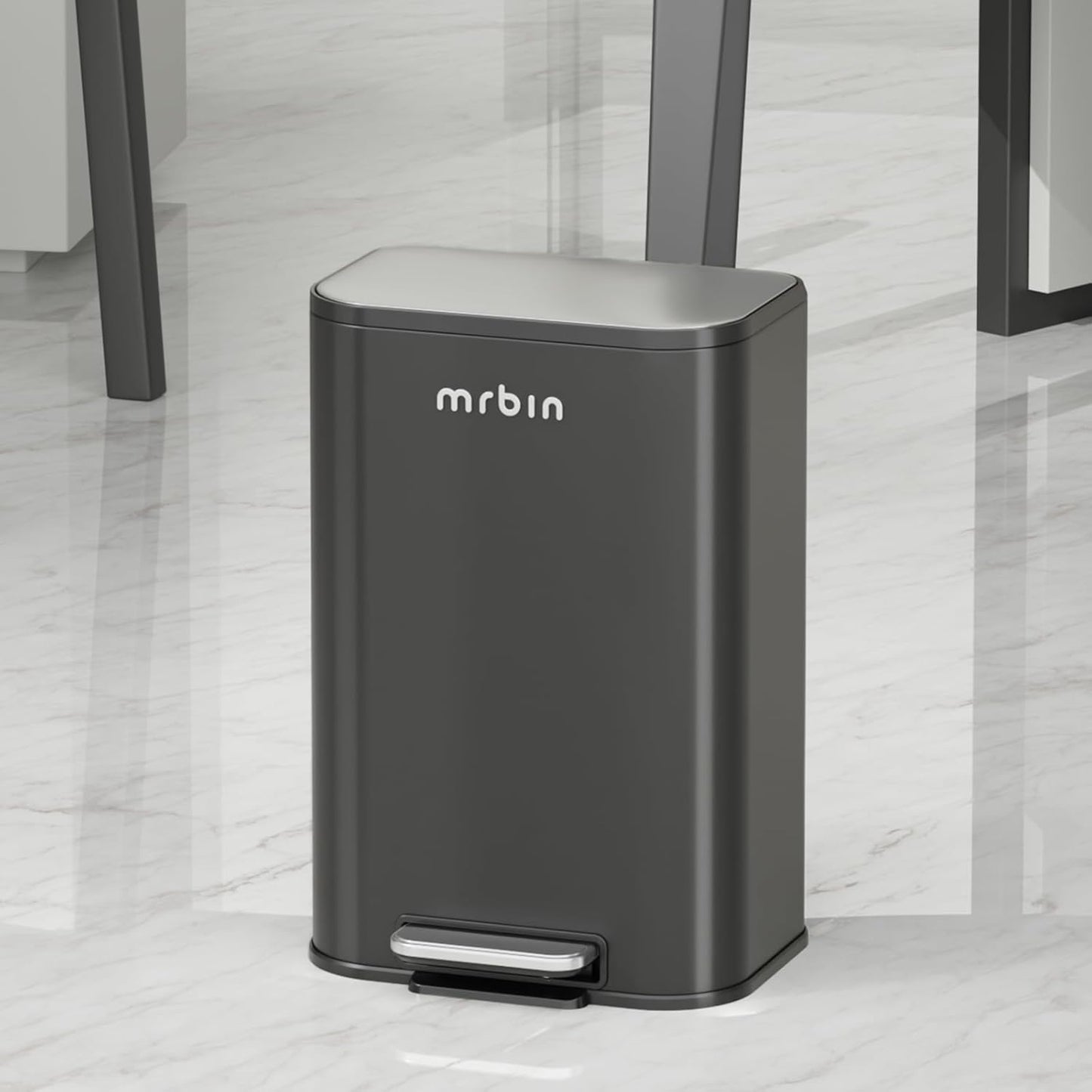 Mrbin Metal Bathroom Trash Can with Stainless Steel Lid and Pedal, 13L / 3.4Gal Step Touchless Rectangle Office Waste Basket, Soft Close Garbage Pail for Near Desk, Bedroom, Small Kitchen, Rv, Black