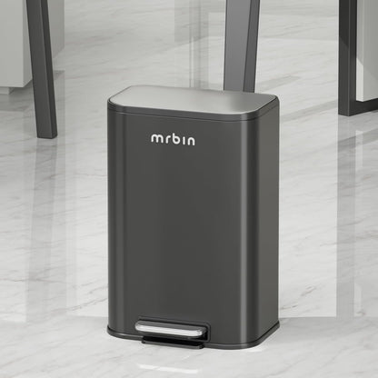 Mrbin Metal Bathroom Trash Can with Stainless Steel Lid and Pedal, 13L / 3.4Gal Step Touchless Rectangle Office Waste Basket, Soft Close Garbage Pail for Near Desk, Bedroom, Small Kitchen, Rv, Black