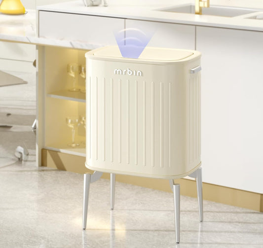 Mrbin Metal Kitchen Trash Can with Wheel Legs, 36L / 9.5gal Medium Press Lid Slim Waste Basket, Pet Proof Tall Narrow Garbage Pail for Vanity, Bedroom, Bathroom, Living Room, Sunflower