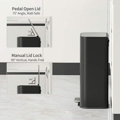 Mrbin Metal Bathroom Trash Can with Stainless Steel Lid and Pedal, 13L / 3.4Gal Step Touchless Rectangle Office Waste Basket, Soft Close Garbage Pail for Near Desk, Bedroom, Small Kitchen, Rv, Black