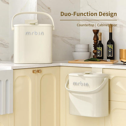 Mrbin Metal Kitchen Compost Bin Countertop and Hanging Kitchen Trash Can with Lid and Charcoal Filter, Small Dustbin For Food Waste Recycle Indoor, White