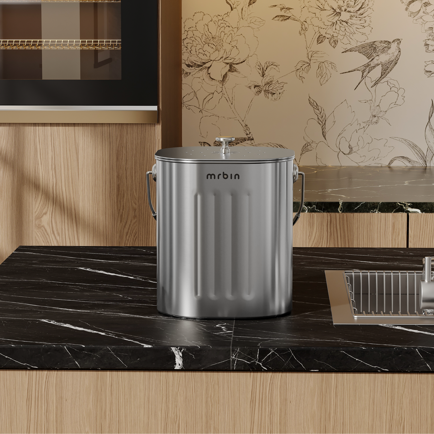 Stainless Steel Kitchen Compost Bin Countertop Trash Can with Lid and Charcoal Filter, Metal Small Indoor Rubbish Dustbin for Food Waste Recycle