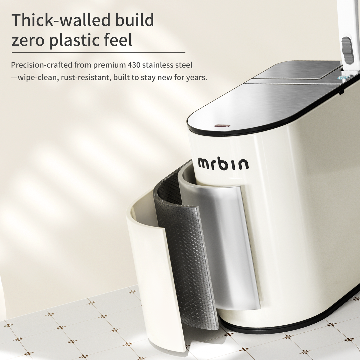 Motion Sensor Bathroom Trash Can and Disposable Toilet Brush Holder Set, 1.8 Gallon Slim Touchless Small Garbage Pail, Toilet Smart Waste Basket with Lid and Odor Filter, Cream White