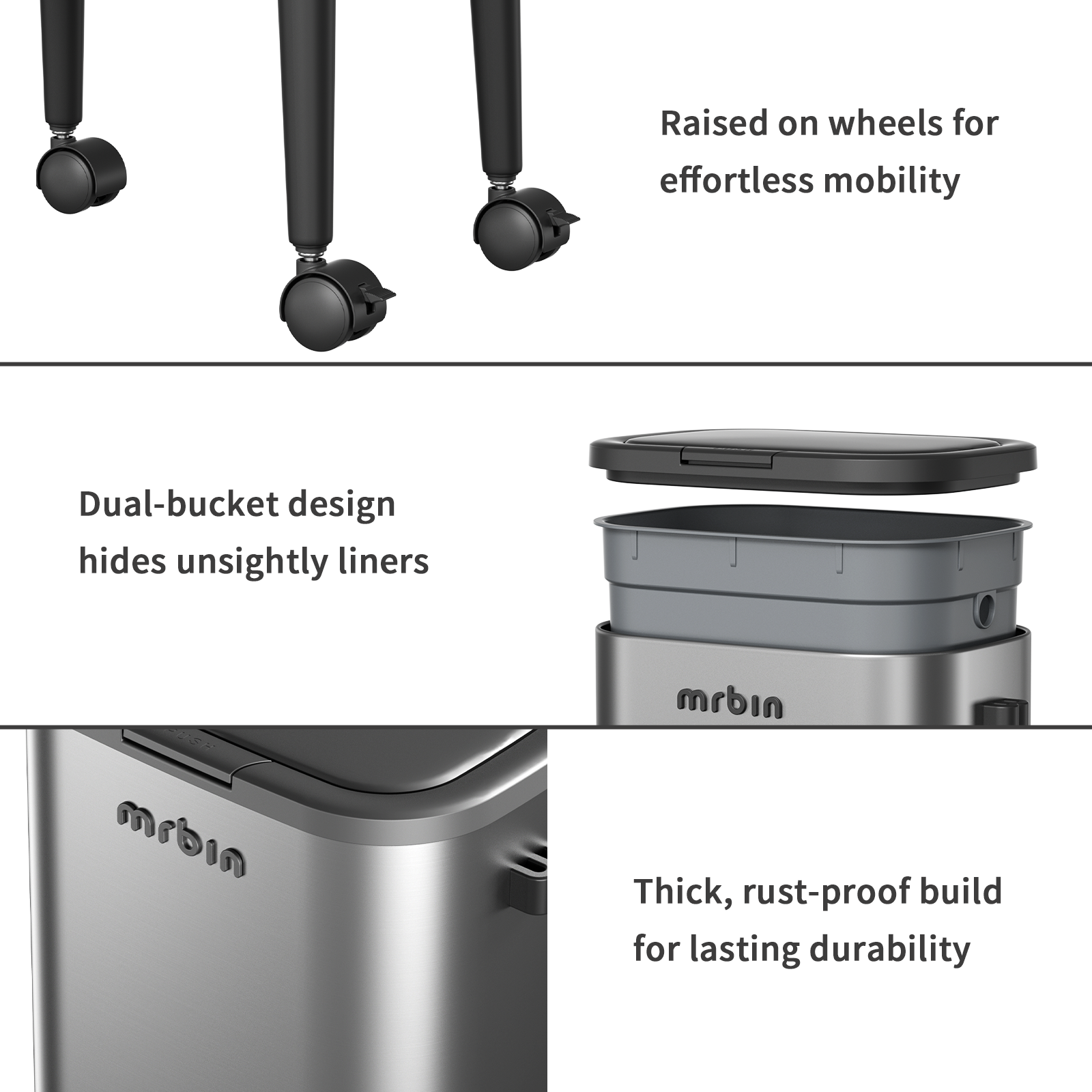Stainless Steel Slim Bathroom Trash Can with Legs and Wheels, 15L / 4gal Toilet Press Lid Waste Basket, Covered Office Garbage Pail for Near Desk, Narrow Vanity, Rvs, Kitchen, Eclipse Grey